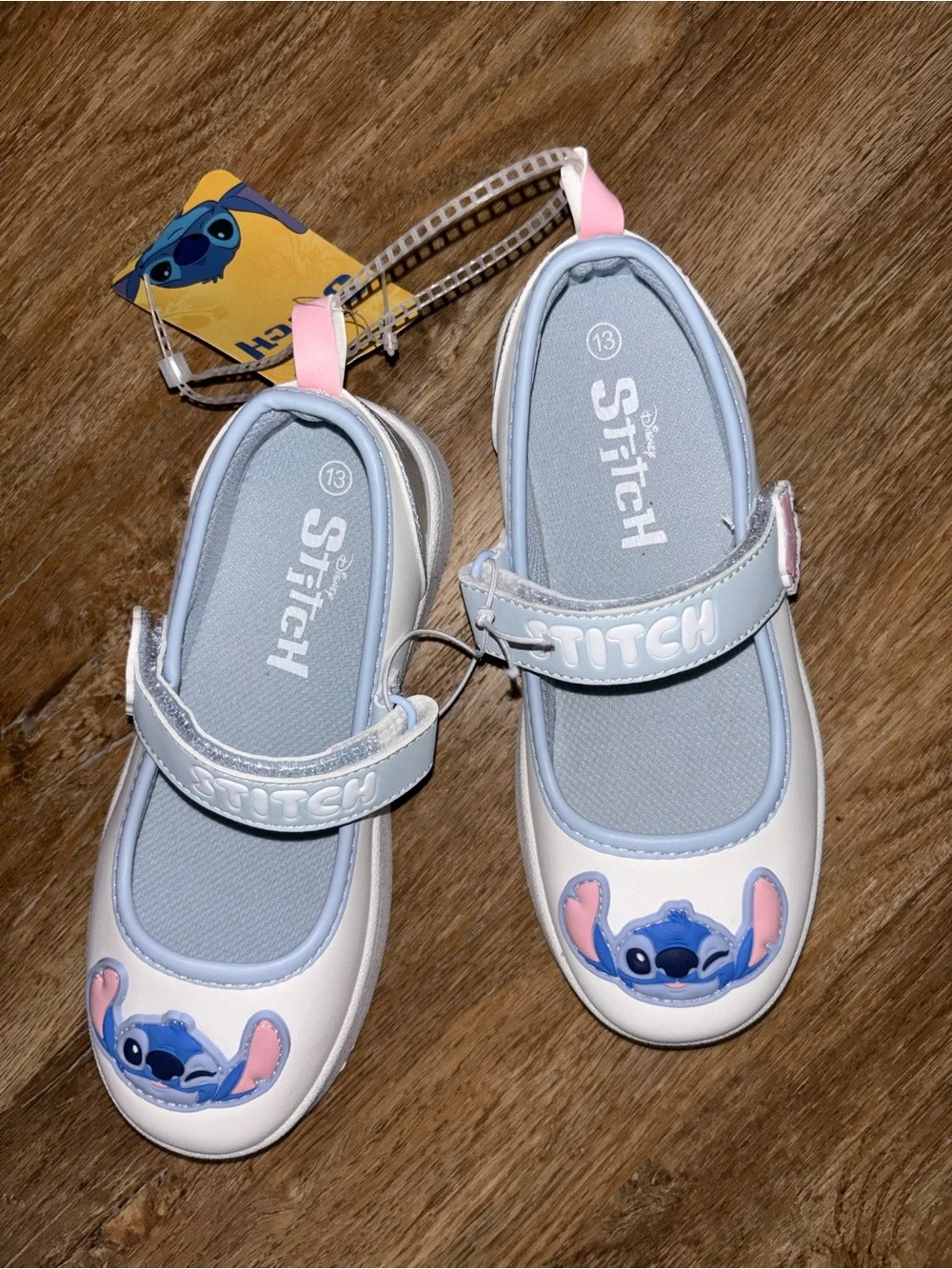 Disney Stitch Girls Mary Jane Ballet Flats Hook & Loop White/Blue Sz 13 Platform